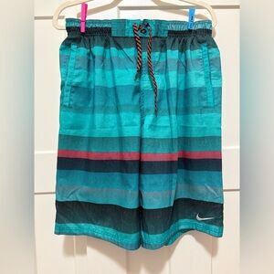 Nike Men's Teal and Red Striped Swim Trunks